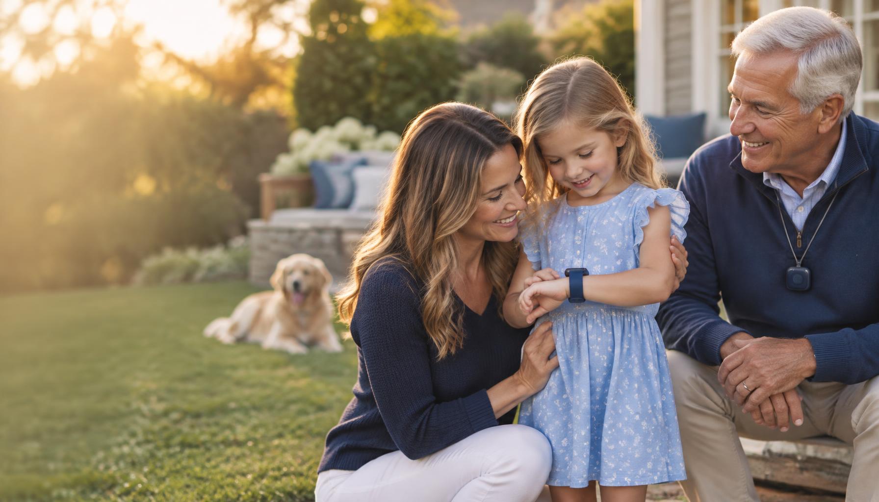Mother and daughter looking at a kids GPS watch beside a grandfather wearing a safety pendant